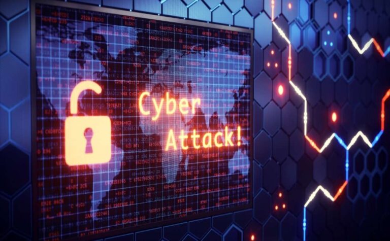 An image showing a screen and the text cyber attack written on it.